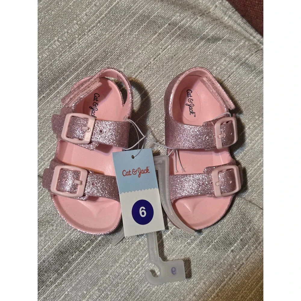 Cat & Jack Toddler Girls Ade Pink Glitter Double Strap Sandals Size 6 NWT